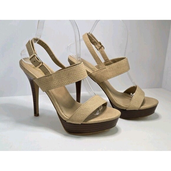 Diba London Biege Faux Leather Strappy High 4" Heel Wood Platform Sz 7.5 Sexy - Picture 2 of 7